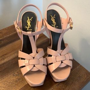 YSL nude/pink patent leather platform stilettos.